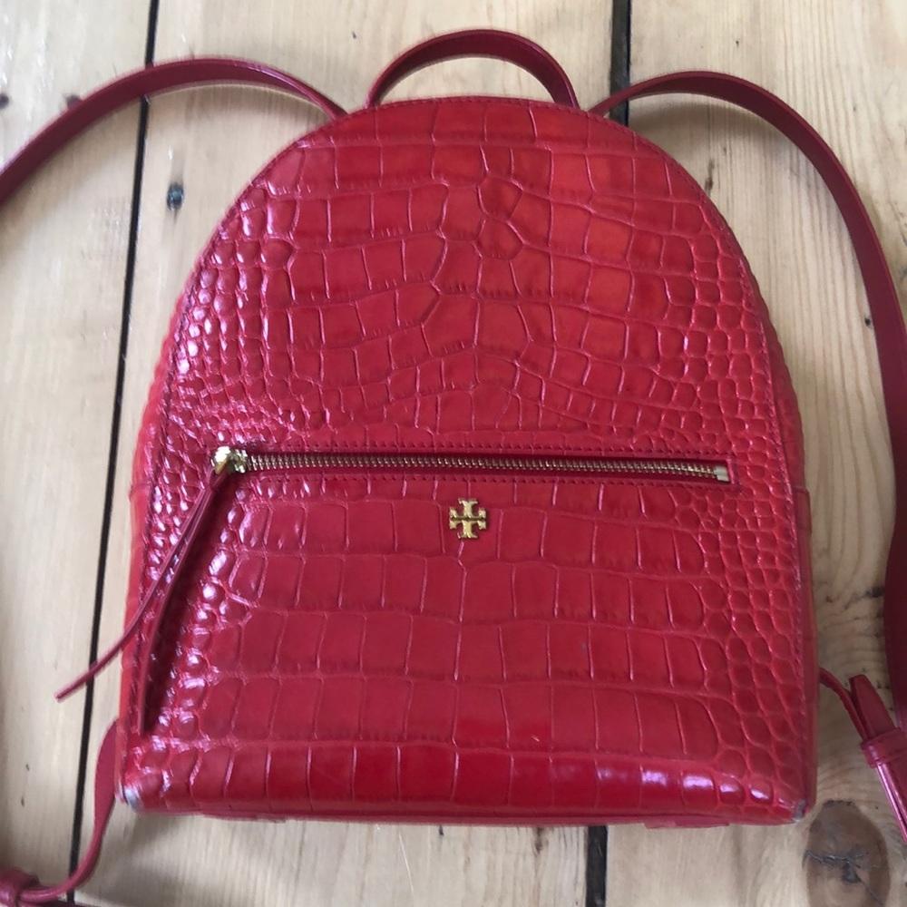 Tory Burch red faux alligator skin backpack